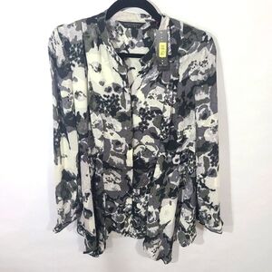 Investments Petites Women's Size PM Black and White Long Sleeve Blouse‎ Top NWT